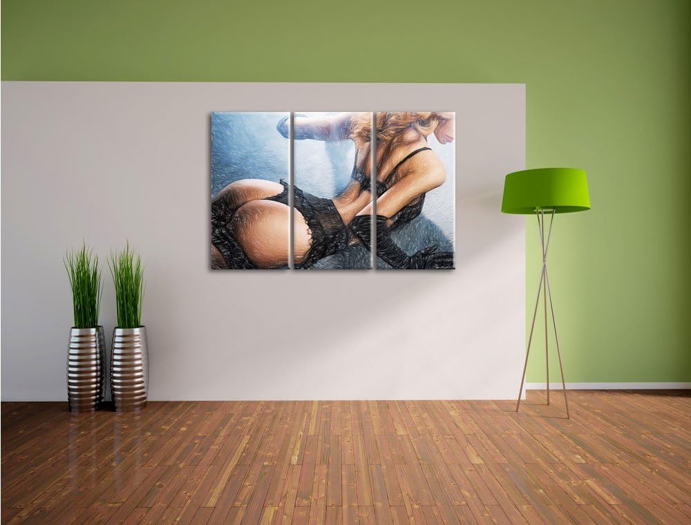 Pixxprint attraktive Frau in sexy Dessous / 3-Teilig/Gesamtmass 120cm Leinwandbild bespannt auf Holz