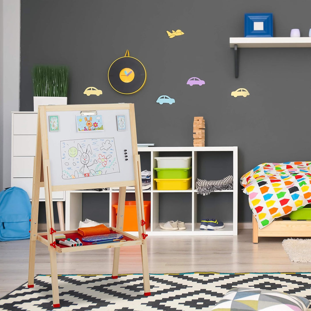 Relaxdays Standtafel Kinder, Whiteboard und Kreidetafel, höhenverstellbar, Aufsteller Holz, 102-135