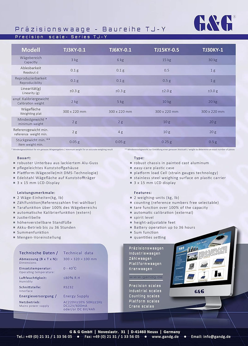 G&G 30kg/1g TJ-Y Industrie Zählwaage Laborwaage Präzisionswaage Plattformwaage/Akkubetrieb möglich