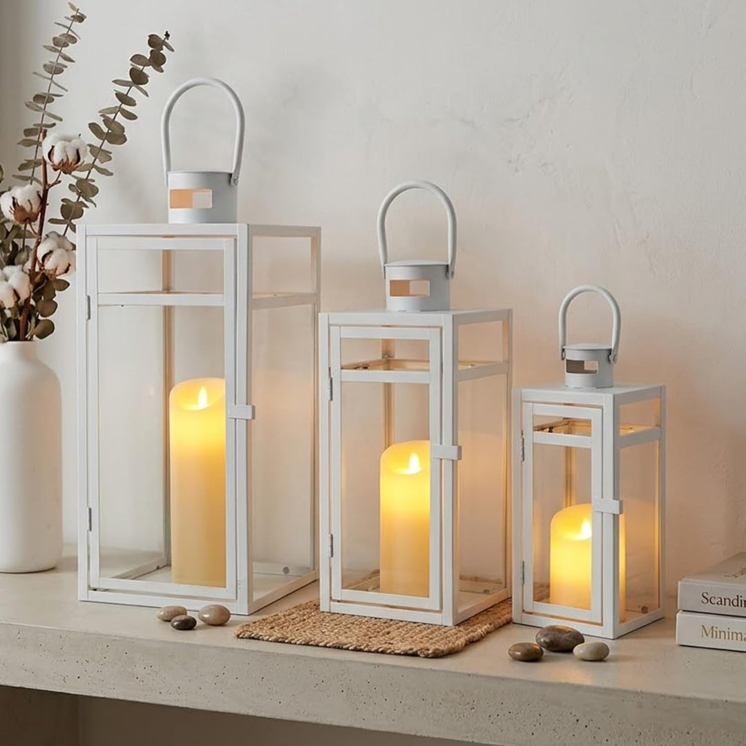 TRIROCKS Set aus 3 Edelstahl Kerzenlaterne 48cm Hoher Metallkerzenhalter mit klaren Glasscheiben Per