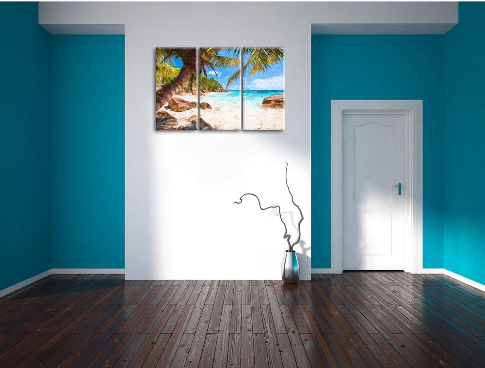 Pixxprint Palmenstrand Seychellen Kunst / 3-Teilig/Gesamtmass 120cm Leinwandbild bespannt auf Holzra