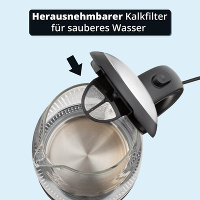 KHG WK-1715GES Wasserkocher Glas. LED, 1,7 Liter, Kalkfilter, Trockengehschutz & Abschaltautomatik,