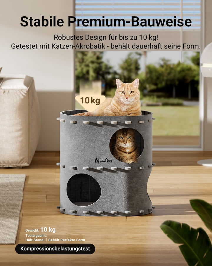DownyPaws Katzenhöhle aus Filz, 2-stöckige Katzenbett, 50 x 33 x 50 cm Schloss Katzenhaus zum Spiele