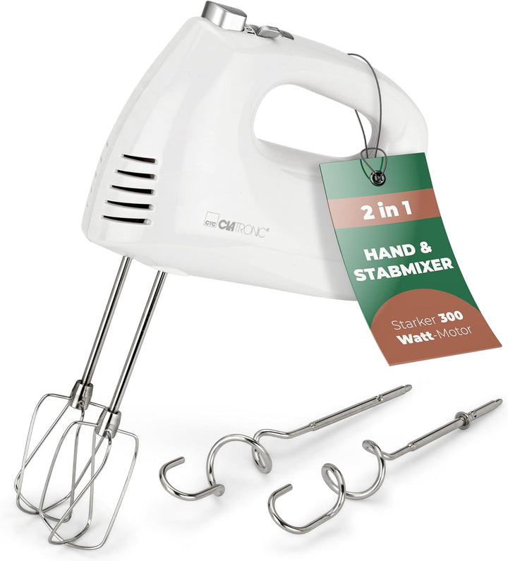 Clatronic Handmixer HM 3524, Set mit Mixstab, Edelstahlquirle & extra lange Knethaken, 5 Geschwindig