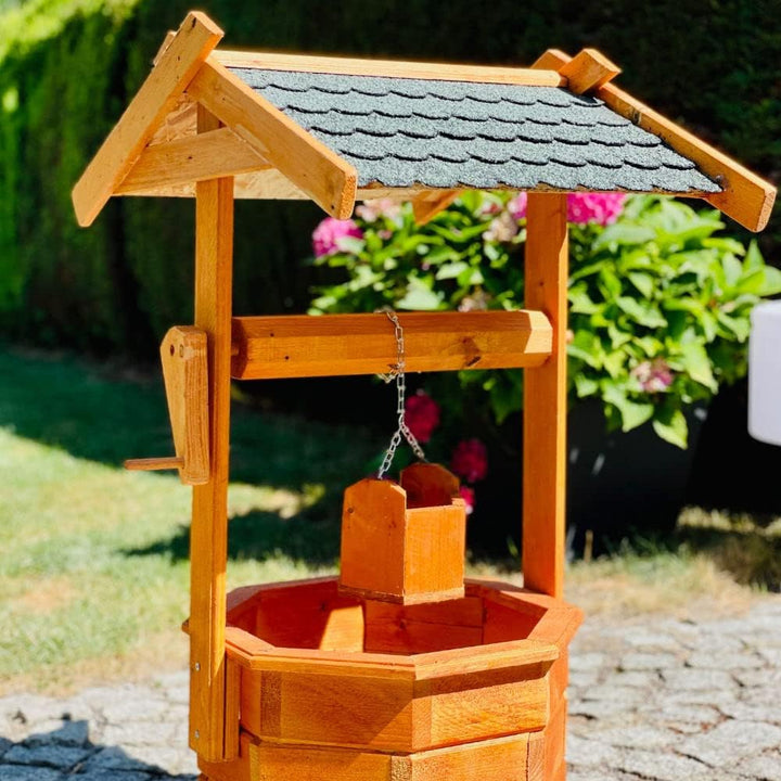 Grosser achteckiger Gartenbrunnen aus Holz, braun/grün, Höhe 84 cm, für Garten/Aussenbereich, lasier