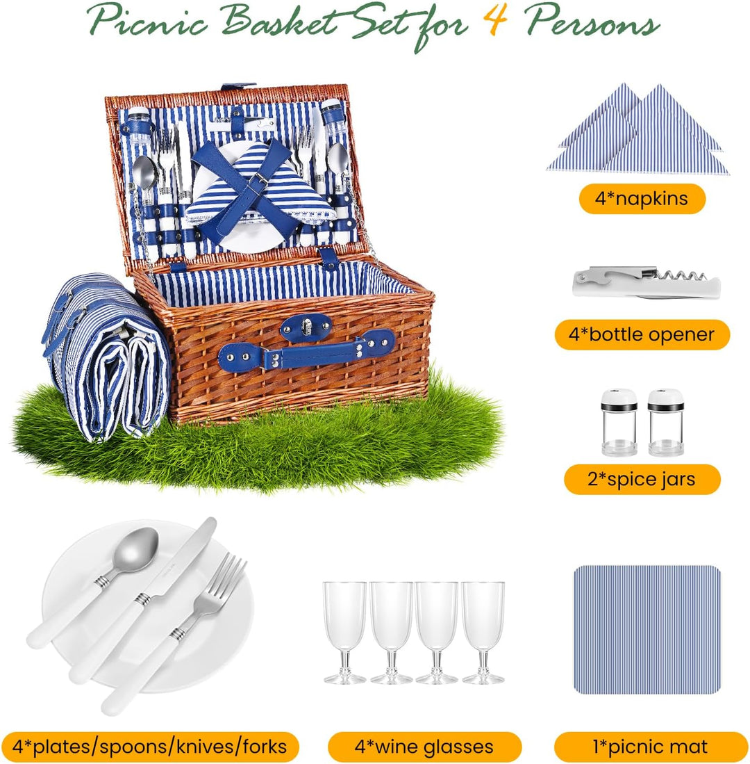 Picknickkorb 4 Personen, Wicker Picknickkorb für 4 Personen mit Wasserdichter Picknickdecke und Best