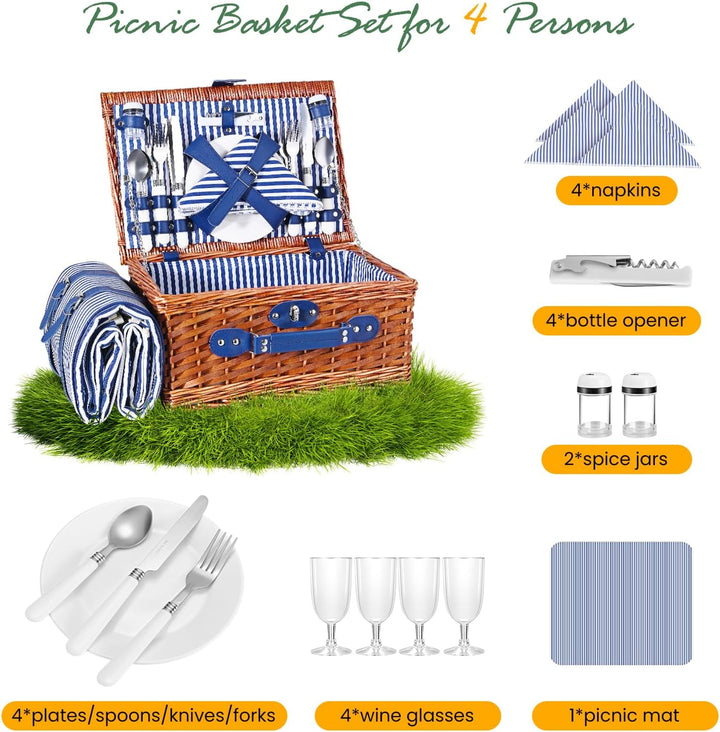 Picknickkorb 4 Personen, Wicker Picknickkorb für 4 Personen mit Wasserdichter Picknickdecke und Best
