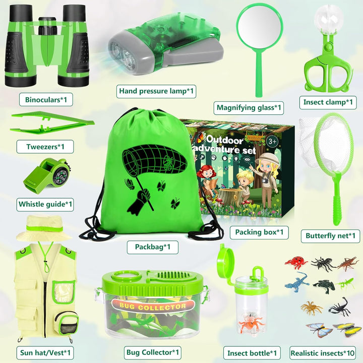 Forscherset für Kinder ab 4 5 6 7 8 Jahren 23PCS, Outdoor Entdecker mit Fernglas, Kompass, Lupe, Ins