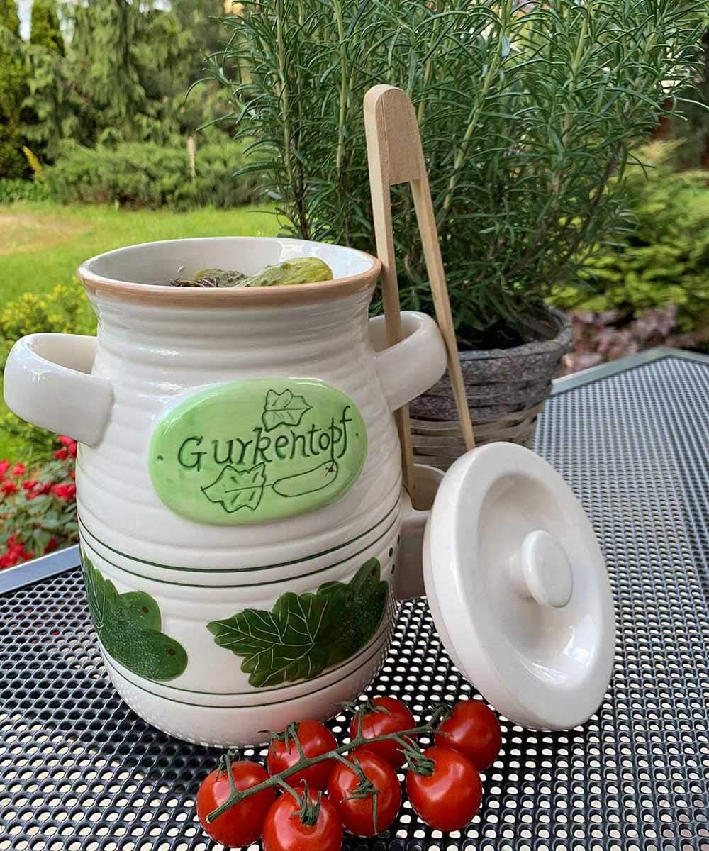 Keramik Gurkentopf 4 Liter mit Zange und Deckel