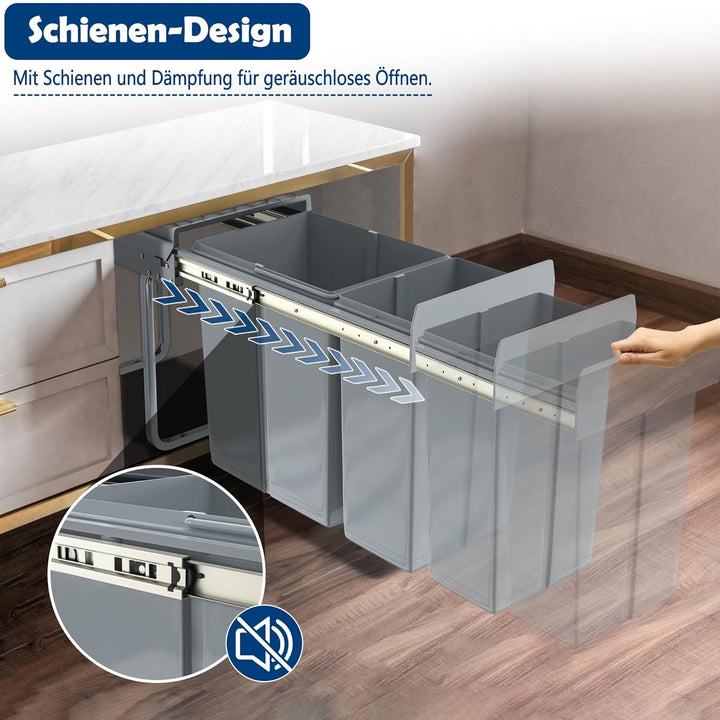 Grau 1 x 20L + 1 x 10L Einbaumülleimer Mülltrennsystem Ausziehbar Mehrfachbehälter Abfallsammler Sch
