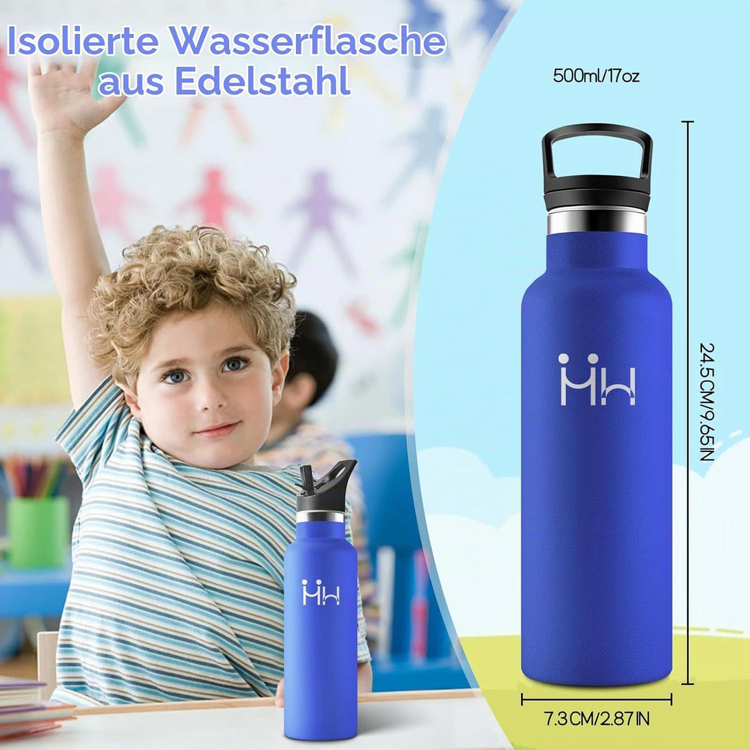 HoneyHolly Trinkflasche Edelstahl 500ML, BPA-Frei, Trinkflasche Kinder, Auslaufsichere Isolierflasch