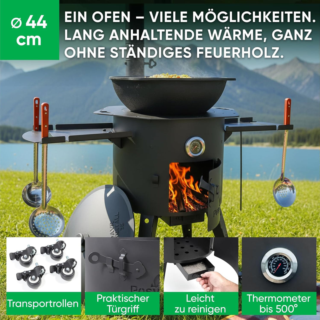 Utschak Feuerofen Ø 44cm mit Usbekisch Kazan Gusseisen 16L | Ablage Räder Adapter-Ring Schaumlöffel