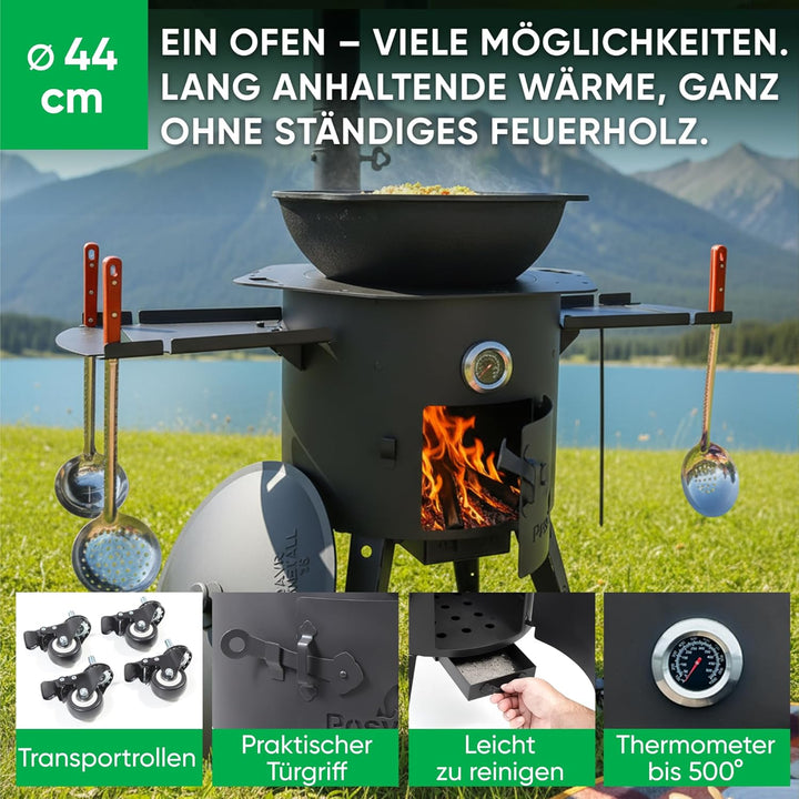 Utschak Feuerofen Ø 44cm mit Usbekisch Kazan Gusseisen 16L | Ablage Räder Adapter-Ring Schaumlöffel