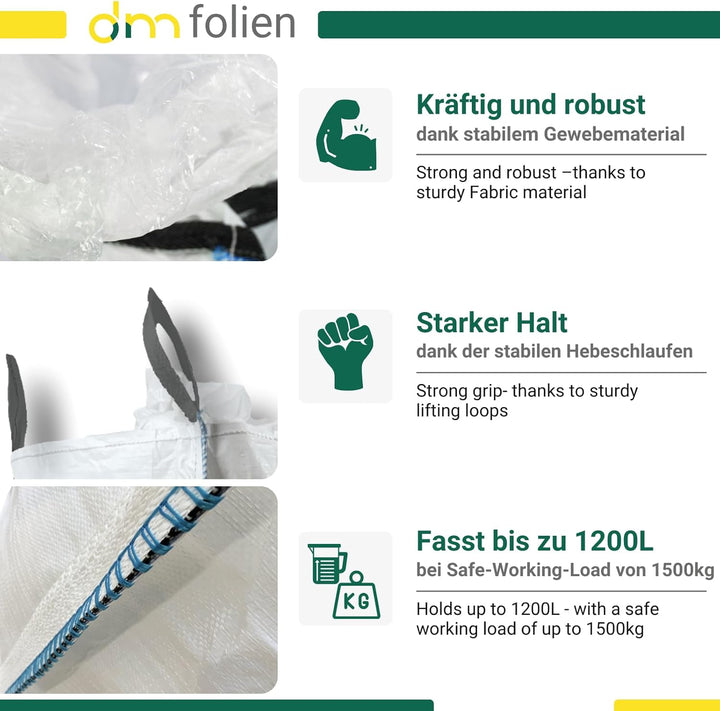 dm-folien Plattensack Asbest 260x125x30cm I 10 Stück I SWL 1.500 kg I Asbest Sack mit 4 Hebenschlauf