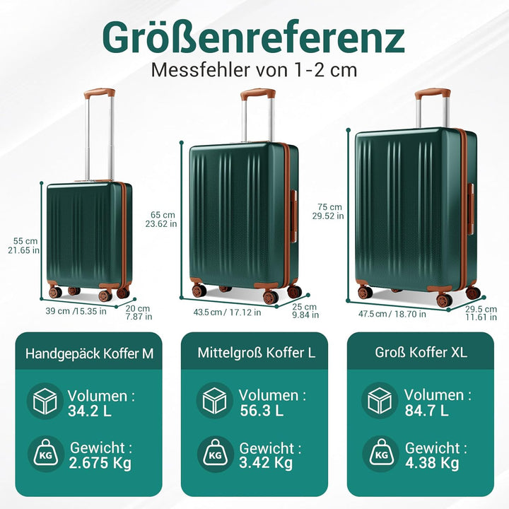 KONO Koffer Handgepäck 55x40x20 cm Hartschalen-Trolley ABS+PC Leicht, 4 Leise 360° Doppelrollen, TSA