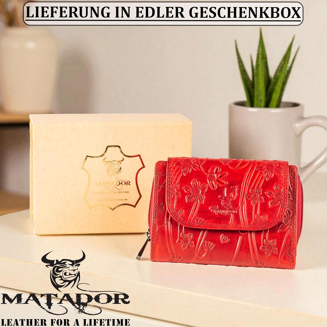 MATADOR Geldbörse Damen Rot Leder #Murcia mit edler Geschenkbox, Elegante Geldbörse Damen Mittelgros