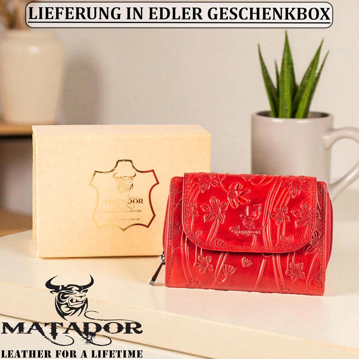 MATADOR Geldbörse Damen Rot Leder #Murcia mit edler Geschenkbox, Elegante Geldbörse Damen Mittelgros