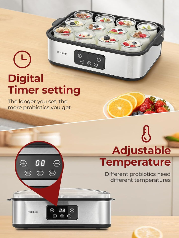 FOHERE Joghurtbereiter 25W inkl. 12 Glasbehälter à 180 ml für bis 2,16L Selbstgemachten Joghurt, Gri