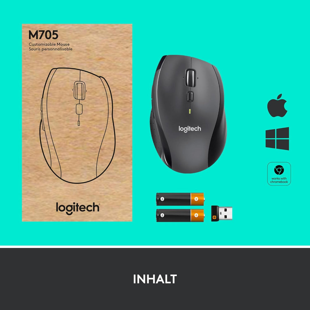 Logitech M705 Marathon Kabellose Maus, 2,4 GHz mit USB-Unifying-Empfänger, 1000 DPI, 5 programmierba
