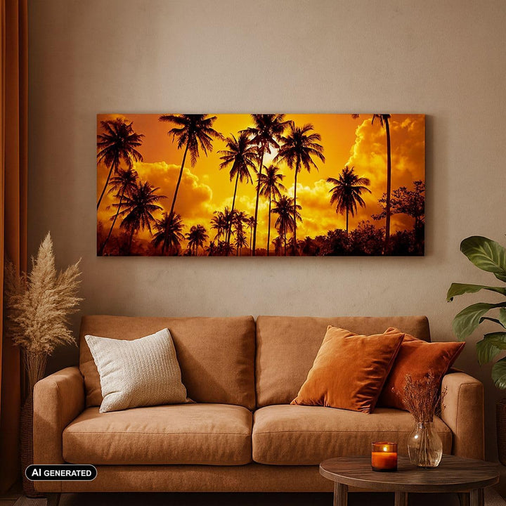 Wandbilder Dekoration Wohnzimmer Palmen Bäume Sonne Panorama Bilder auf Leinwand 120x50cm Leinwandbi