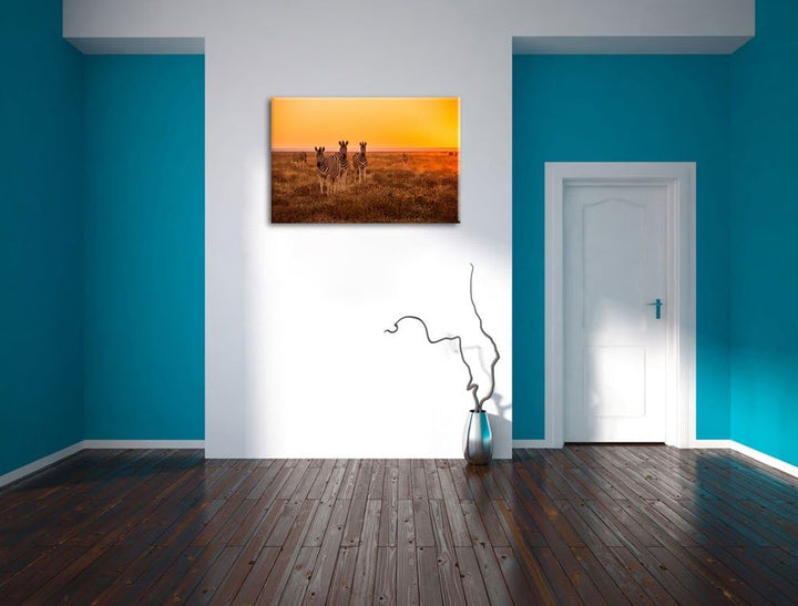 Zebra in der Savanne Format: 100x70 auf Leinwand, XXL riesige Bilder fertig gerahmt mit Keilrahmen,