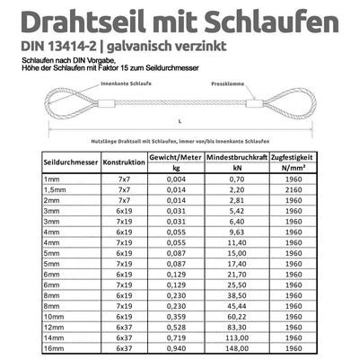 Drahtseile24 Stahlseil mit Ösen, Drahtseil mit Ösen, Schlaufenseil – Stahlseil mit zwei Schlaufen, D