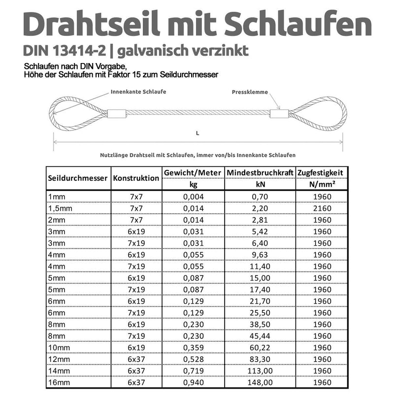 Drahtseile24 Stahlseil mit Ösen, Drahtseil mit Ösen, Schlaufenseil – Stahlseil mit zwei Schlaufen, D