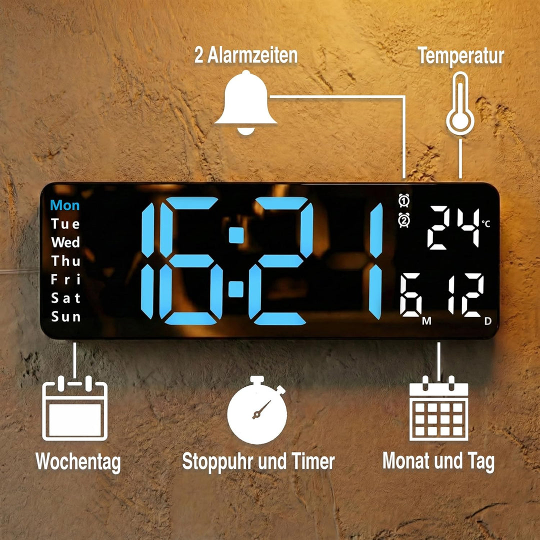 OPIS Clock 1 XL 32 cm – Wanduhr Digital in Blau mit Fernbedienung, Temperaturanzeige, Datum, Wochent
