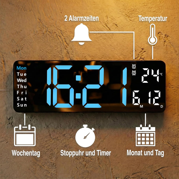 OPIS Clock 1 XL 32 cm – Wanduhr Digital in Blau mit Fernbedienung, Temperaturanzeige, Datum, Wochent