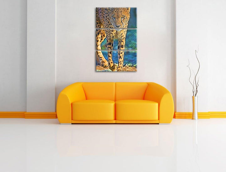 anpirschender Gepard Spezial 3-Teiler Leinwandbild 120x80 Bild auf Leinwand, XXL riesige Bilder fert