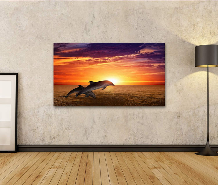 islandburner Bild auf Leinwand Springende Delfine Sonnenuntergang Meer Bilder Wandbilder Poster Lein
