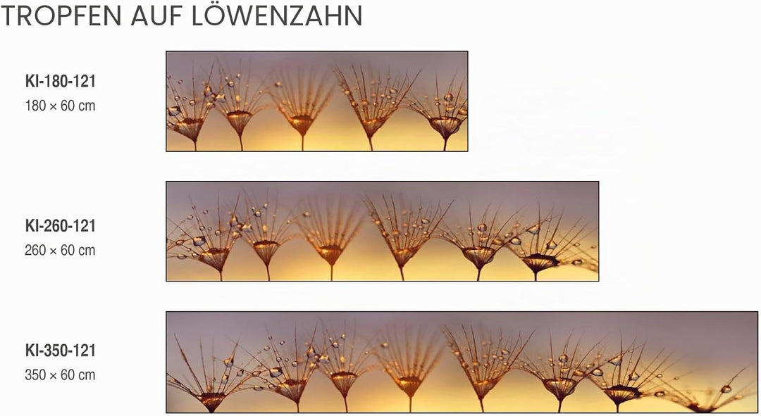 DIMEX Küchenrückwand Folie Selbstklebend Tropfen AUF LÖWENZAHN 260 x 60 cm | Klebefolie - Dekofolie