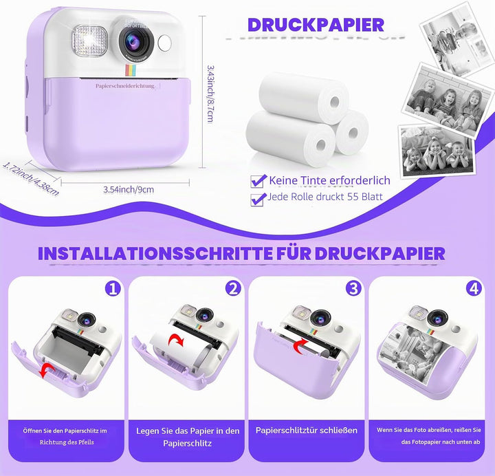 Kinderkamera Sofortbildkamera,Sofortbildkamera Kinder, 1080P Digitalkamera Kinder mit 32GB Karte Dru