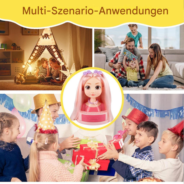 Mädchen Beauty-Salon Set | Puppenkopf Styling-Set mit Schmink-Kosmetik - Styling Spielzeug Set Mit O