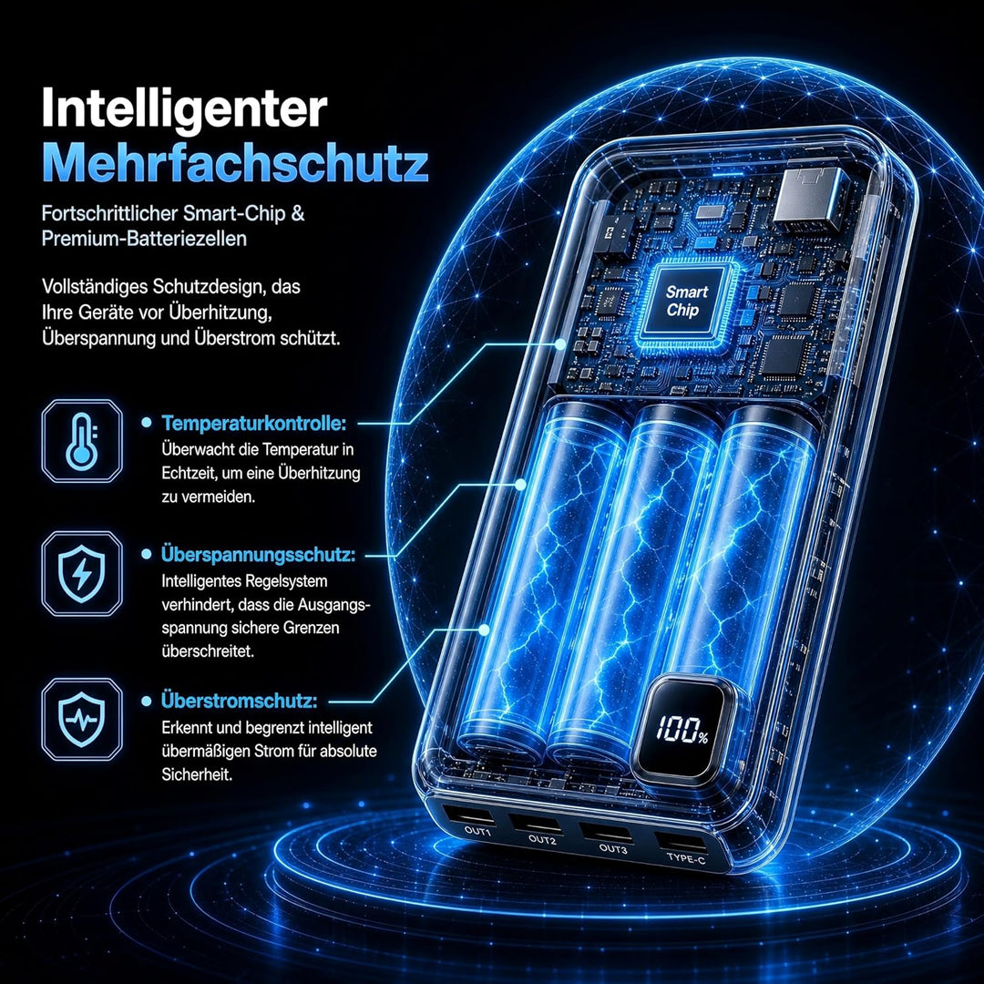Powerbank 50000mAh Grosse Kapazität, 22.5W Power Bank Schnellladung mit 4 Ausgänge &amp; 2 Eingänge, Tra