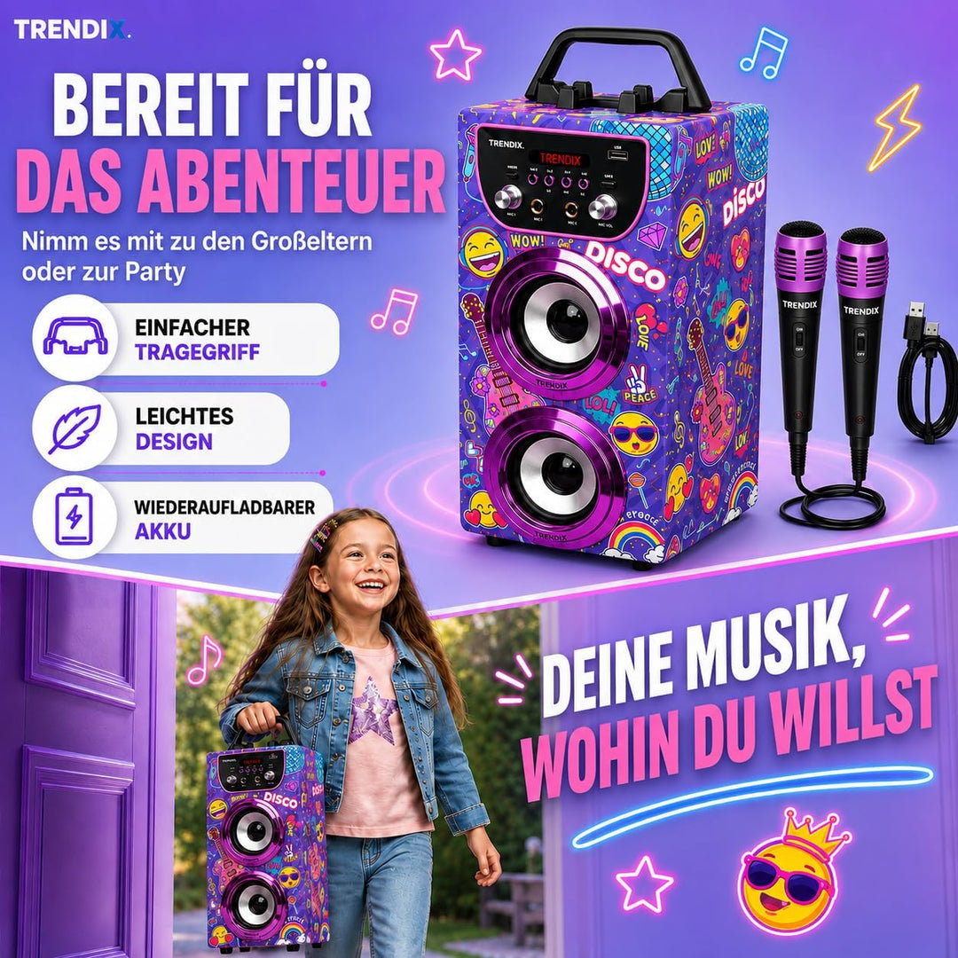 Trendix - Karaoke Maschine Kinder Top Singer | Karaoke Anlage Mit 2 Mikrofonen, Radio Fm, USB, Bluet