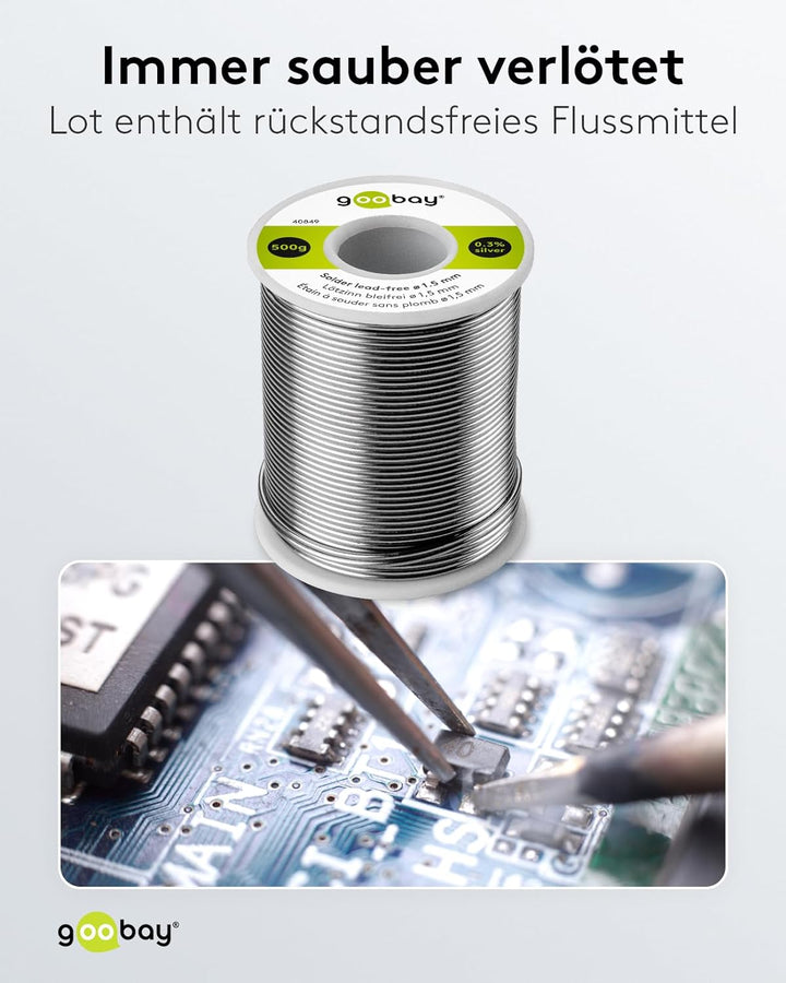 Goobay 40849 Lötzinn bleifrei ø 1,5mm Lötdraht mit Flussmittel, 0.3 % Silber & 0.7 % Kupfer, 217 °C