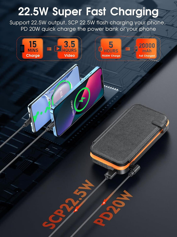 Solar Powerbank 20000mAh,Solar Ladegerät mit 3 Kabel QC4.0 22.5W USB C 20W Schnellladefunktion, mit