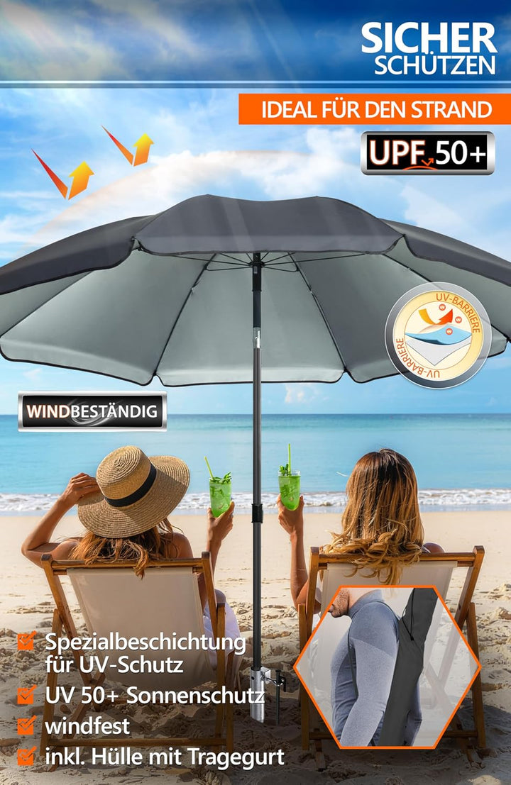 4smile Sonnenschirm Strand Ø 200 cm mit Eindrehbodenhülse, Anthrazit | Strandschirm windfest stabil