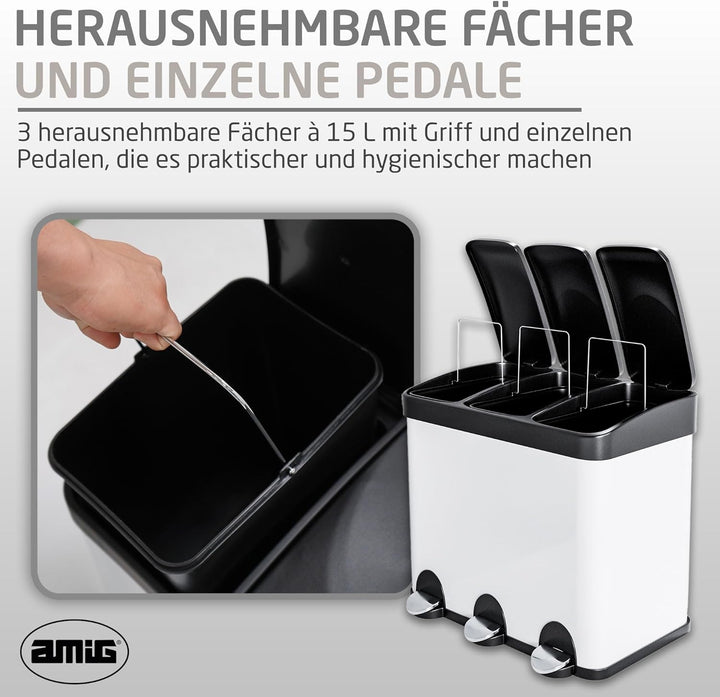 Amig - Dreifacher Mülleimer mit Pedalen 45 Liter | 3 herausnehmbare 15-Liter-Fächer | Recyclingbehäl