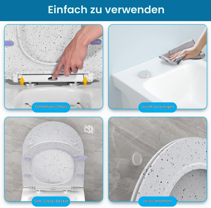 WC Sitz mit Absenkautomatik, Toilettendeckel d Form, Weiss Marmor Klodeckel, Klobrille Softclose, To