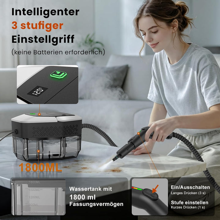 14 in 1 Dampfreiniger, 3 Stufig Einstellbarer Griff, Temperaturanzeige, 15 Sekunden Aufheizzeit, 1,8