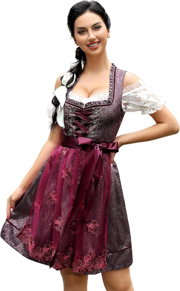 Clearlove Damen Dirndl midi 3tlg.Trachtenkleid für Oktoberfest,Karneval,DREI Teilig: Kleid, Bluse, S