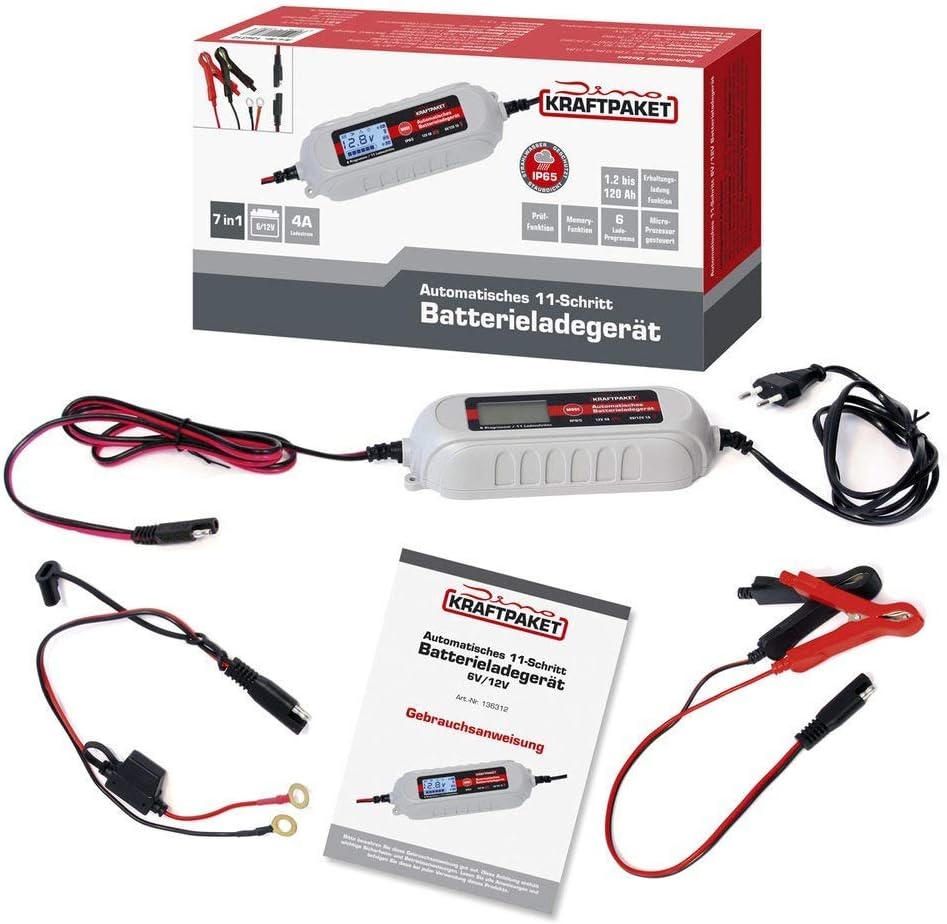 Dino KRAFTPAKET 136102 12V-600A Starthilfegerät 66.6Wh 18000mAh & 136312 Batterieladegerät 6V/12V-4A