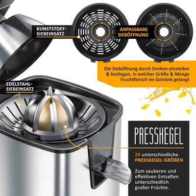 Arendo - elektrische Saftpresse 1000 Watt - Edelstahl Zitruspresse Orangenpresse Entsafter - Hochlei
