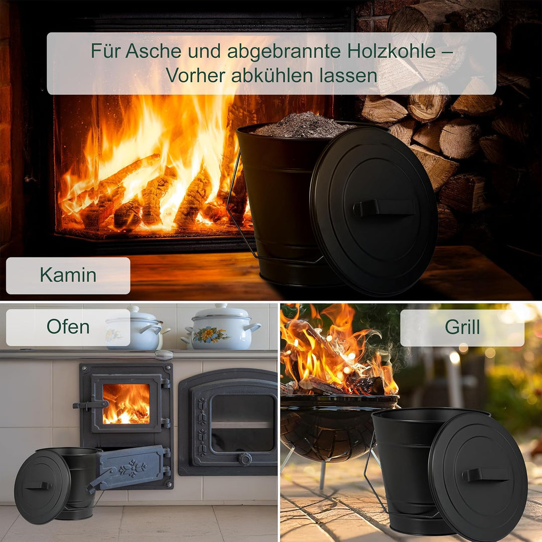Relaxdays Ascheeimer mit Deckel, Henkel, 7 Liter, Eisen, Aschetonne für Kohle & Asche, Kamin, Ofen,