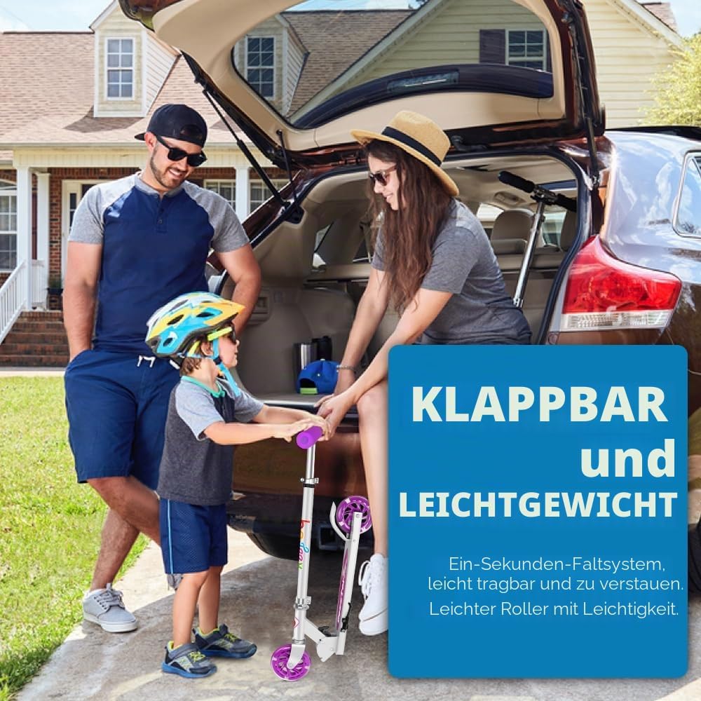BELEEV V1 Roller Kinder 2 Räder, Klappbar Kinderroller für Mädchen Jungen, Tretroller mit LED Leucht