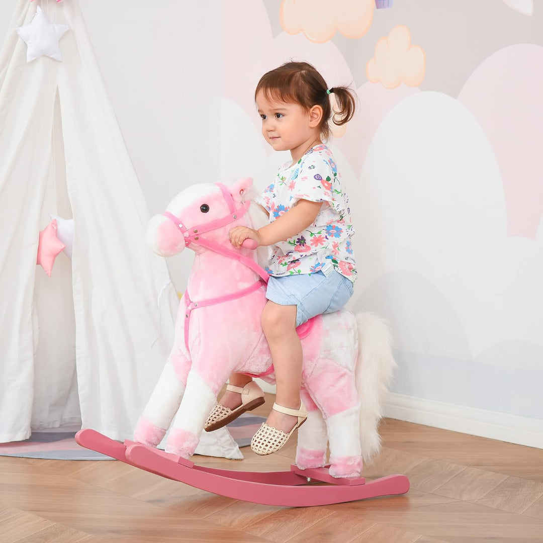 HOMCOM Schaukelpferd Schaukeltier mit Sound Effekt, Haltegriffen Plüsch Baby Schaukelspielzeug Schau
