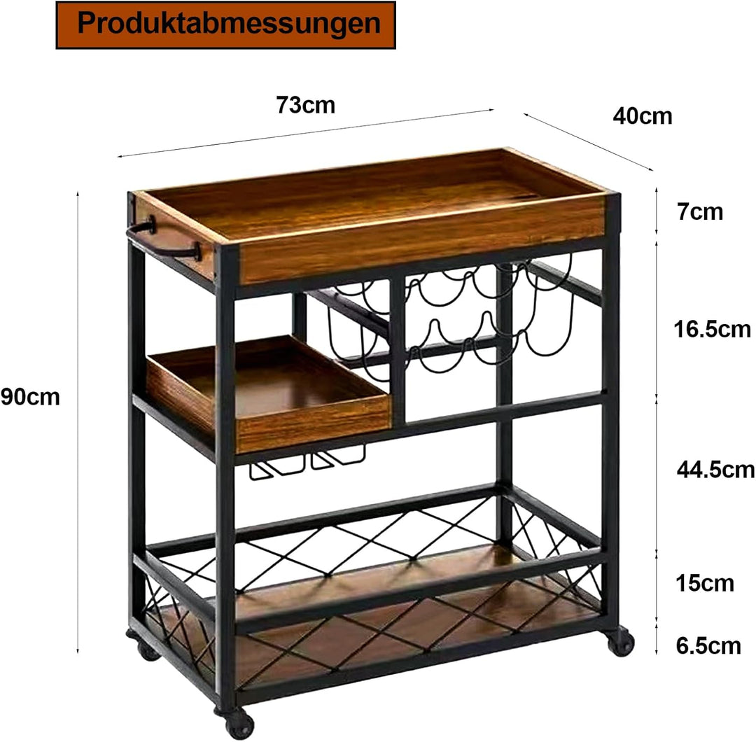 Servierwagen, Servierwagen im Industriestil mit Rollen,Barwagen mit Glas- Und Flaschenhaltern, Abneh