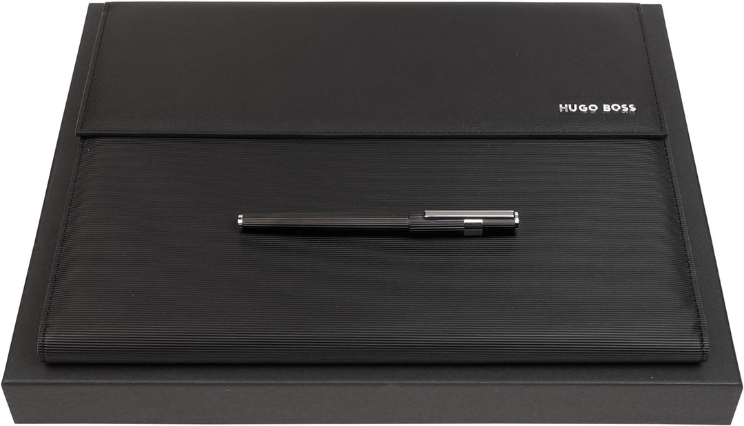 Hugo Boss Schreib-Set Tintenroller Gear Pinstripe und A4 Schreibmappe Pinstripe in der Geschenkbox,